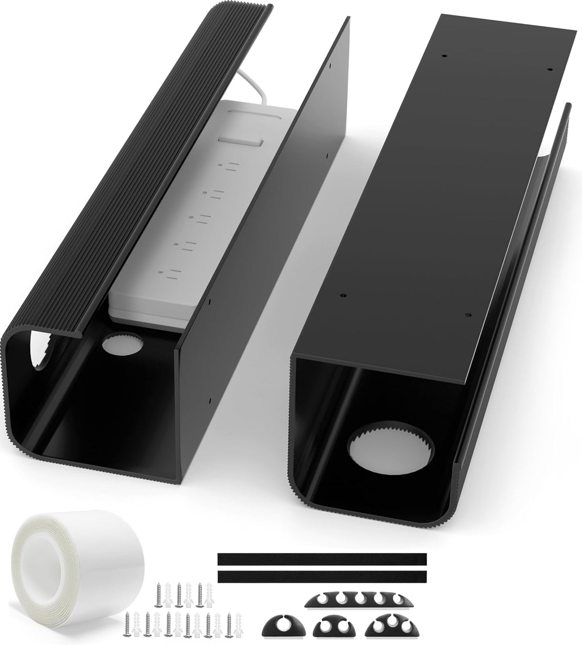 ZhiYo 2 Pack Large Capacity Cable Management Tray 31.5in (2xL15.7in), Thick PVC Under Desk Cable Tray Kit with 4 Cable Clips & 5 Ties, Standing Cord Management Desk Organizer for Office or Home, Black