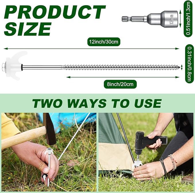 JaGely 20 Pcs 12 Inch Tent Stakes Heavy Duty Grow in The Dark Tent Stakes Metal Screw in Camping Stakes with Luminous Head Ground Anchor Pegs with Hex Head Driver for Camping Inflatable Yard Decor