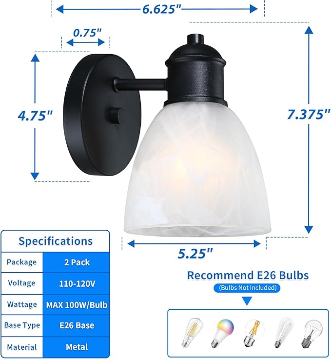 Wall Sconces Set of Two, Matte Black Vanity Lights for Bathroom, Modern Wall Light Fixtures Mount Lamp with Cloudy-Patterned Glass for Bedroom Mirror Living Room Hallway Kitchen