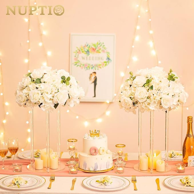 NUPTIO Flower Ball Arrangement Bouquet - 2 Pcs 15.7 inch Diameter White Fake Flowers Roses Balls for Centerpieces Tables - Artificial Rose Arrangements for Wedding Centerpiece Table Decorations