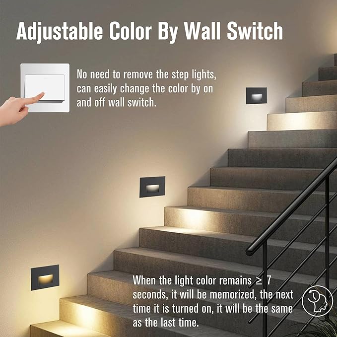LED Step Lights Outdoor Stair Light Indoor,12V Low Voltage 3CCT Color Changing 3000K/4000K/5000K 4W 150LM, IP66 Waterproof, Horizontal Lights for Steps Black, 6-Pack