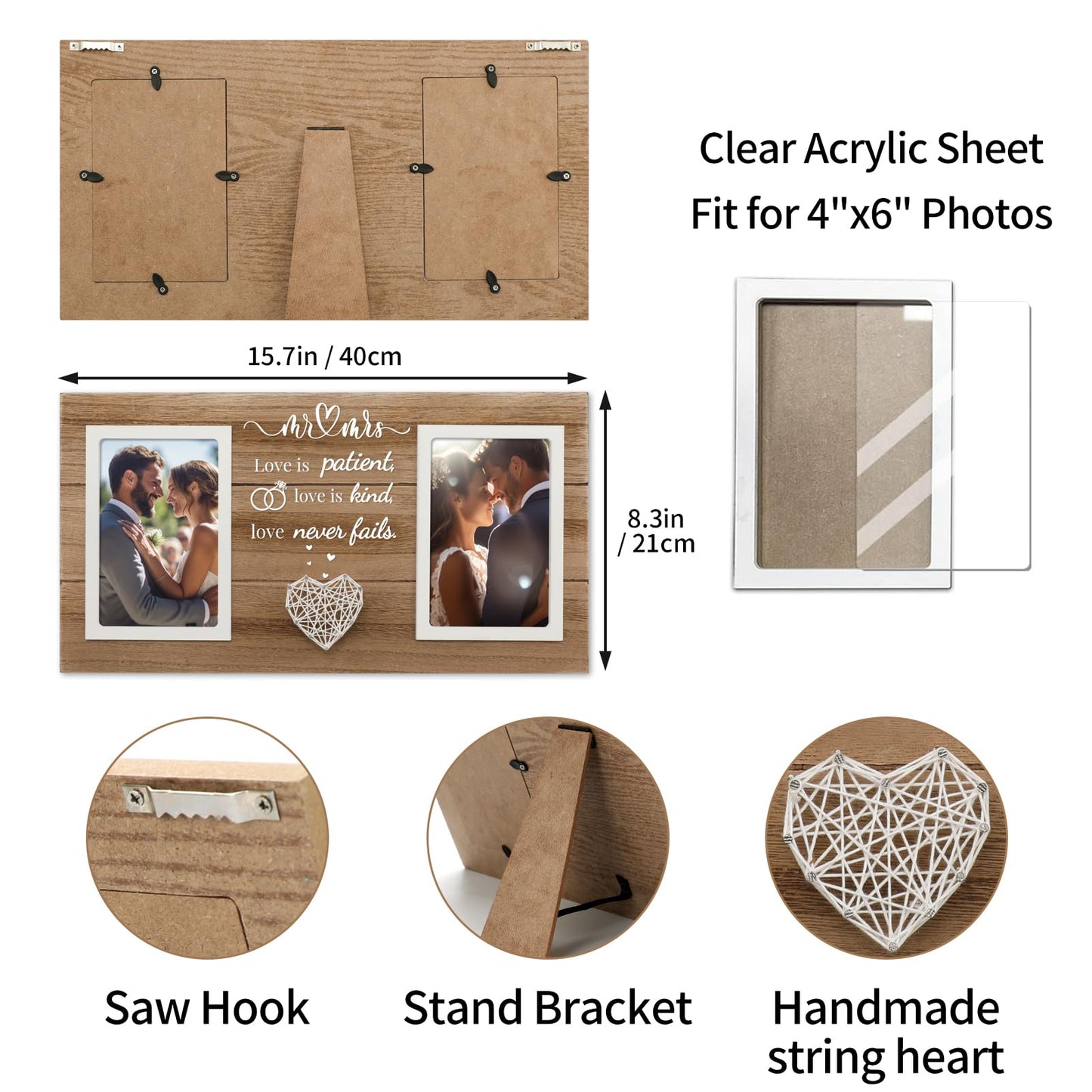 SOUHONEY Wedding Gifts, Bridal Shower Gifts for Bride to Be, Wedding Picture Frame for Couple - Double 4x6 Pictures Frame - Wooden Couples Newlyweds Picture Frame with Heart (Mr Mrs)
