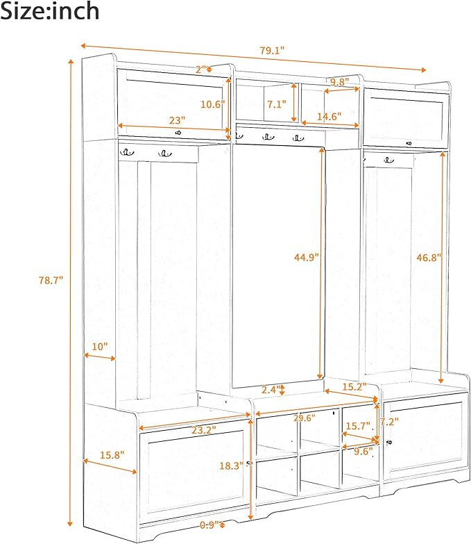 79.1''Wide Modern Hall Tree with Shoe Storage and 7 Coat Hooks, 4-in-1 Entryway Bench with 8 Cubbies and Adjustable Shelf for Hallway, Living Room (White/78)