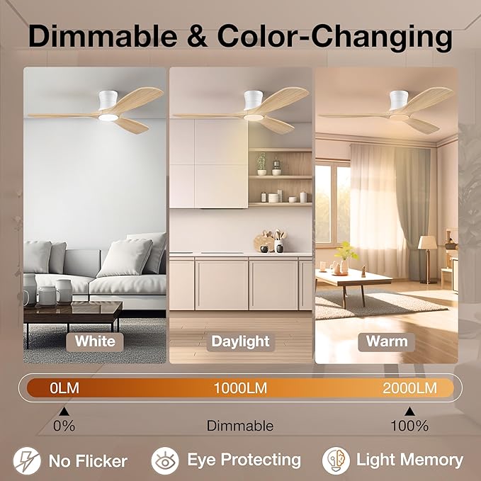 52inch Wood Ceiling Fans with Lights and Remote,Low Profile Modern Ceiling Fan with Light,Outdoor Indoor Flush Mount Ceiling fan,for Bedroom Living room Patio,Light Wood,3 Blades,Dimmable LED,Quiet