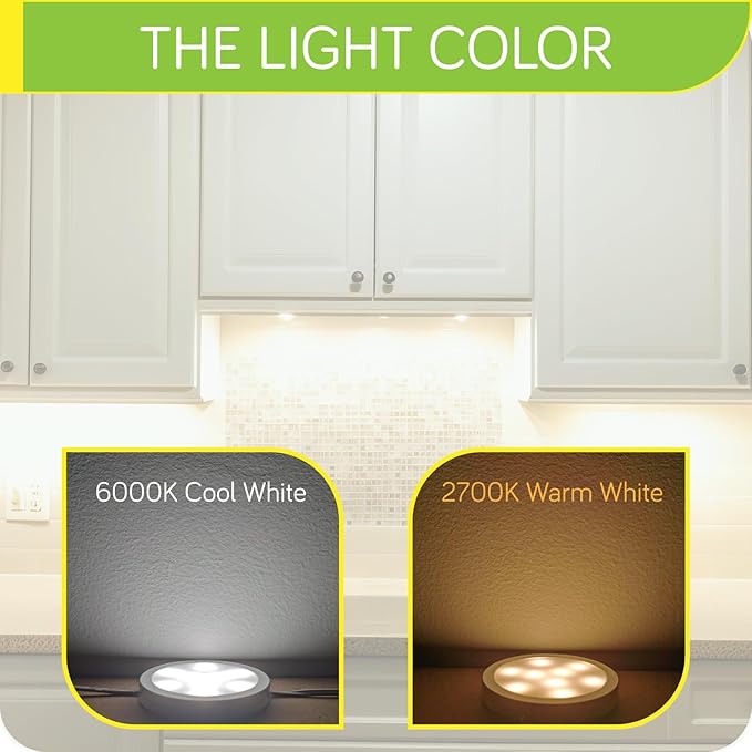 Plugged in Under Cabinet Round Puck Lighting Kit, 110V Electric Wired LED Closet Bookcase Lights, Remote Control Dimmable, 3-Way Octopus Junction Box Wiring, 3 Lights, Cool White
