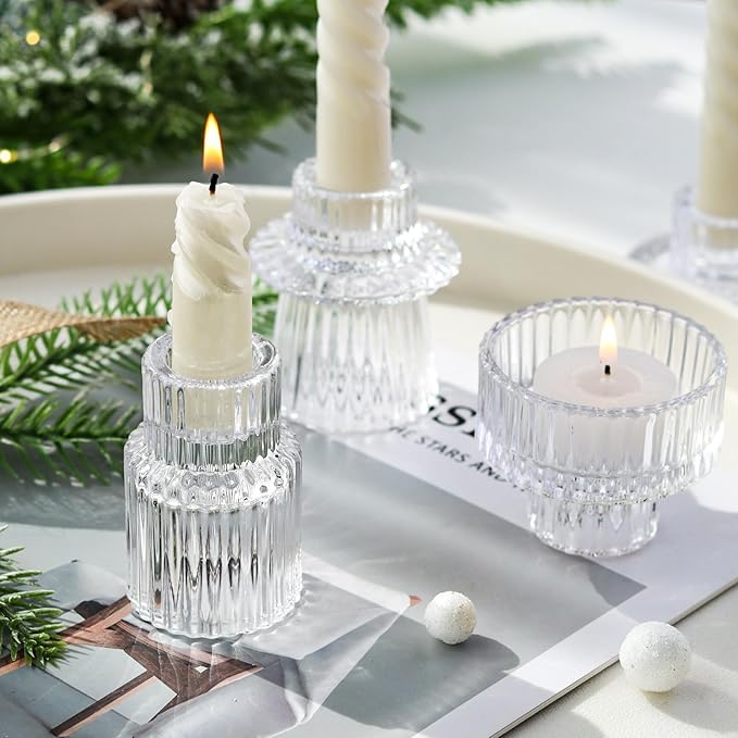 Clear Candlestick Holders 12PCS Ribbed Glass Taper Candle Holders for Tealight Stick Candles Table Centerpieces Thanksgiving Christmas Indoor and Outdoor Decorations