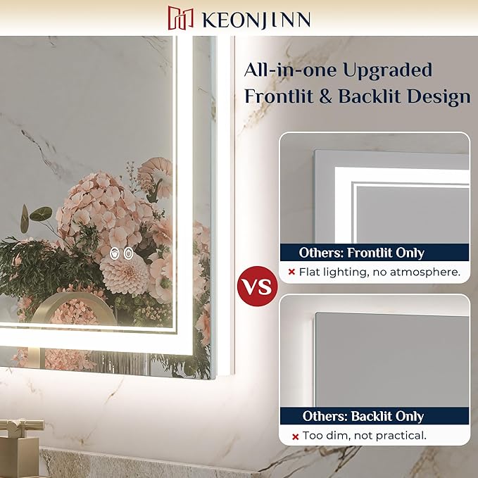 Keonjinn 55" x 36" LED Mirror, Frontlit & Backlit Bathroom Mirror, Oversized, Tempered Glass, Energy-Saving, Anti-Fog, Warm/Neutral/White Lights, Stepless Dimmable, UL-Listed LED Driver