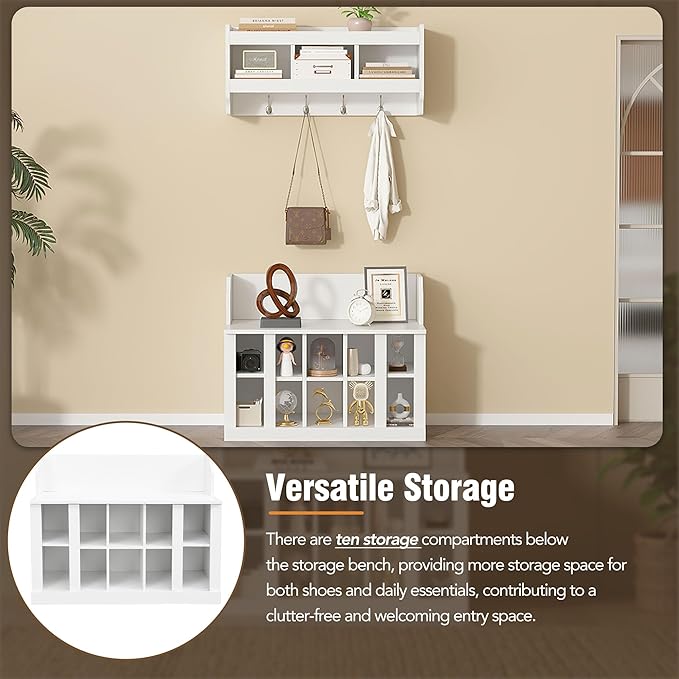 Multi-Functional Hall Tree with Wall Mounted Coat Rack, Shoe Storage Bench with Shelves and 4 Hooks, Entryway Organizer for Hallway, Foyer, Mudroom, Living Room (White-52s)