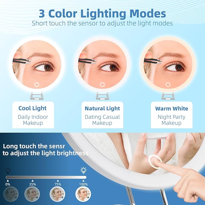 Lighted 10X Magnifying Mirror, 3 Color Modes Dimming Light, 6inch Large Rechargeable Magnified Mirror with 3 Suction Cups & 360° Stand, High Magnification Makeup Mirror with Tweezers & Scissors