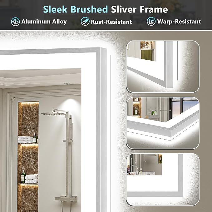 77x36 Brushed Nickel LED Bathroom Mirror with Lights, Sliver Framed Backlit and Front Lit Anti-Fog Lighted Vanity Mirrors for Bathroom Wall, Dimmable, 3 Colors, Memory, Tempered Glass, CRI＞90