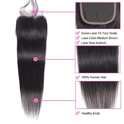 Peruvian Straight Human Hair Bundles with Closure(12" 14" 16"+10") Unprocessed Virgin Human Hair 3 Bundles with Closure 10A Straight Hair Weave Bundles with Lace Closure Natural Color