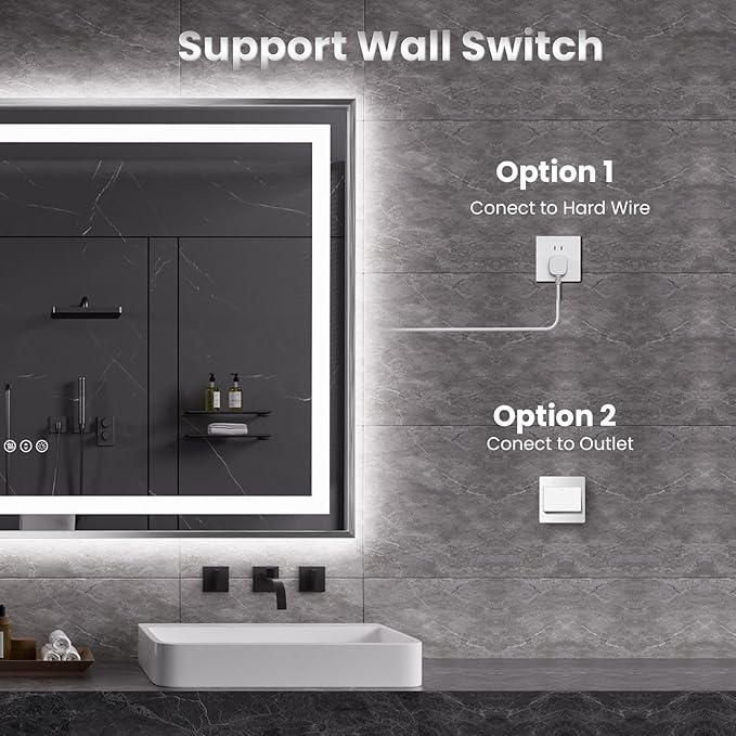 Amorho 24"X36" LED Bathroom Mirror, Brushed Nickel Framed Mirror with Front Light and Backlit, Stepless Dimmable, Anti-Fog, Shatter-Proof, Memory, 3 Colors