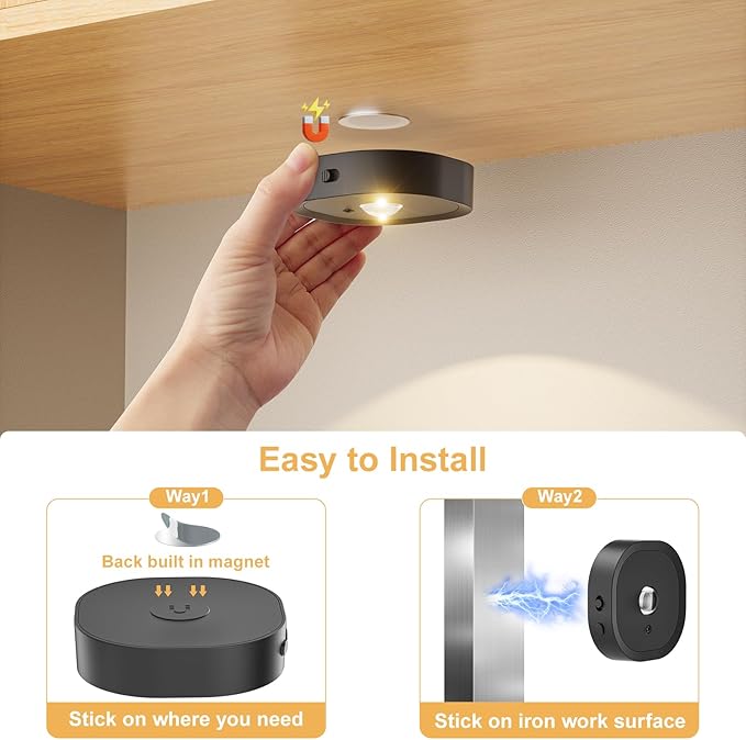 Puck Lights with Remote, Rechargeable Battery Touch Push lights, 3 Colors Led Under Cabinet Lighting, 1500mAh Wireless Tap light, Stick on Closet Light for Kitchen, Pantry, Shelves (Black 6 Pack)