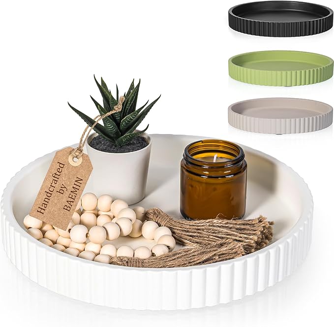 Concrete Coffee Table Tray, 11" Decorative Tray for Home Decor, Sturdy Modern Centerpiece, Round Serving Tray with Fluted Edge, White