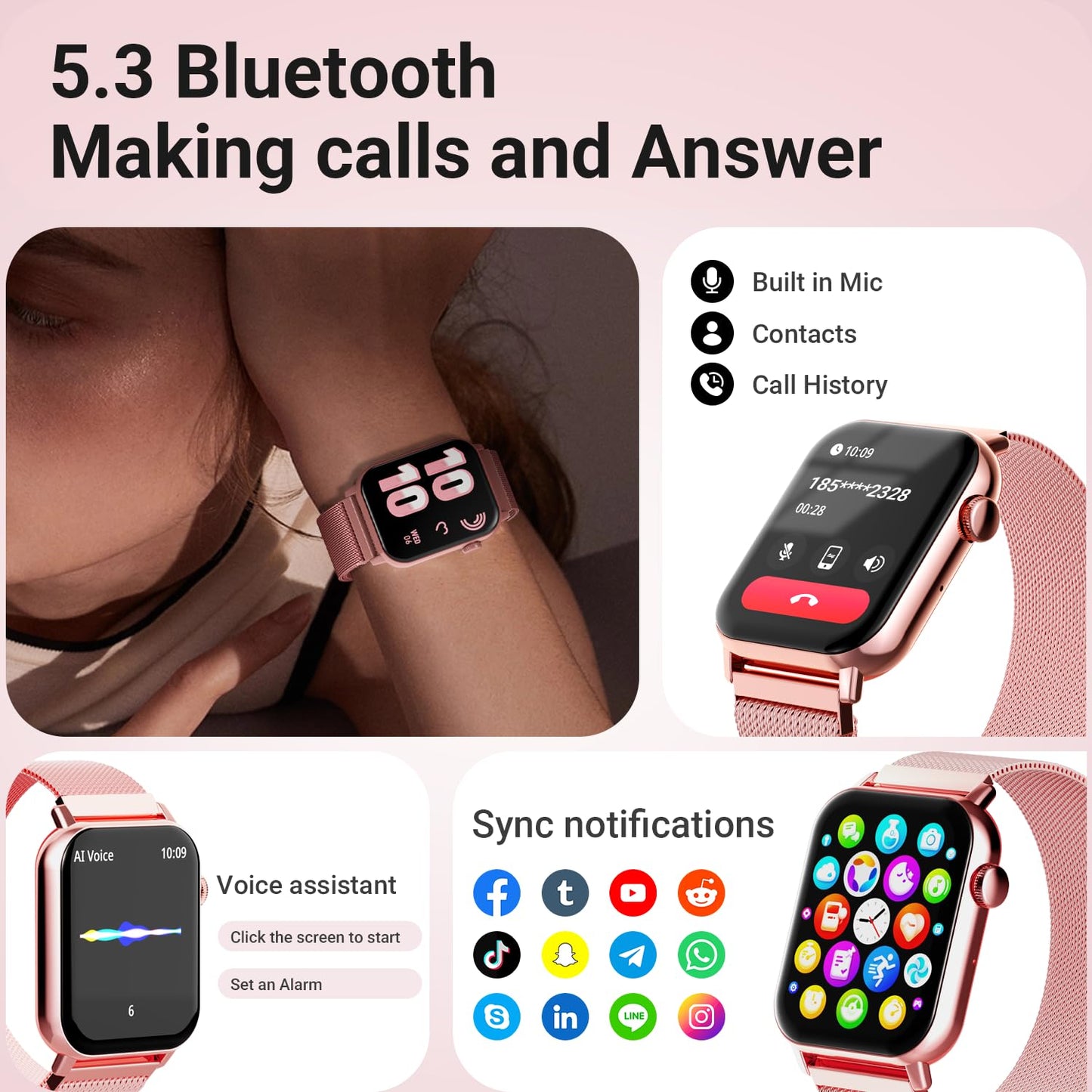 Trendia Smart Watches for Women, 1.83" HD Fitness Tracker (Answer/Make Calls), 120+ Sport Modes with Heart Rate/Sleep Monitor, IP68 Waterproof, Fitness Watch for iOS Android, Rose Gold