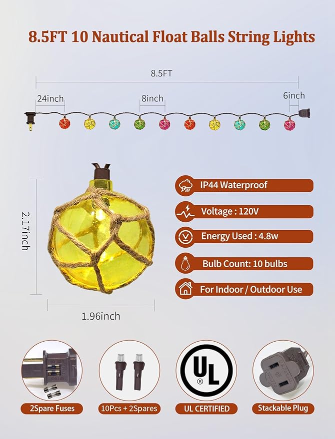 8.5 Ft Nautical Fishing Float String Lights, Plug in Beach Themed Buoy Lights Set of 10 LED Tiki Bar Lights Indoor Home Decor and Outdoor Patio Decorations-Multicolor