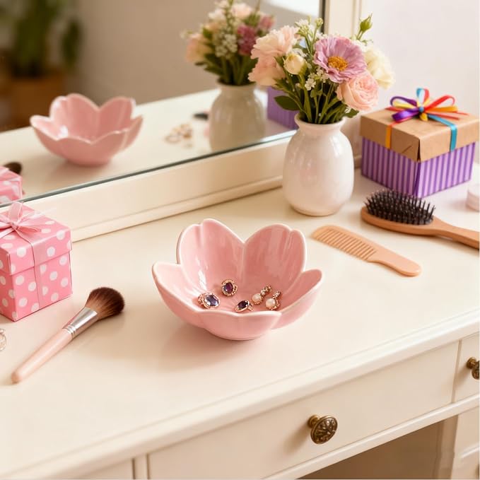 Pink Flower Ring Dish Jewelry Tray, Ceramic Jewelry Dish, Cute Small Trinket Tray, Nightstand Bathroom Decor Ring Holder, Jewlery Plate Bowl for Christmas Friendship Birthday Gifts for Women
