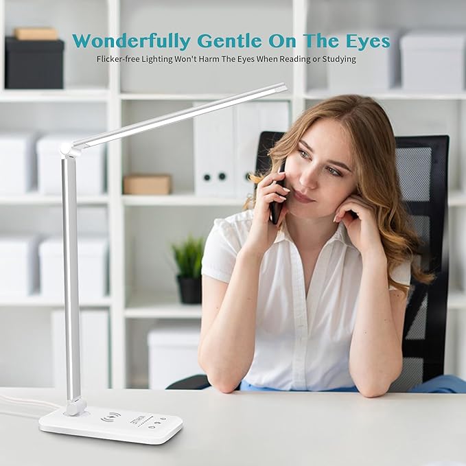 LED Desk Lamp with Wireless Charger & USB Charging Port，Dimmable Table Lamp Reading Lamp for Home Office，5 Color Modes,5 Brightness,Touch Lamp for Study、Office、Bedroom，30/60 Minutes Timer
