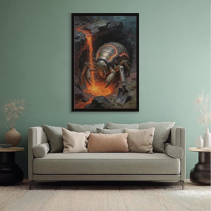 Framed Steampunk Mechanical Trilobite Wall Art - Volcanic Underwater Retro Poster for Garage Apartment Decor 24x36in