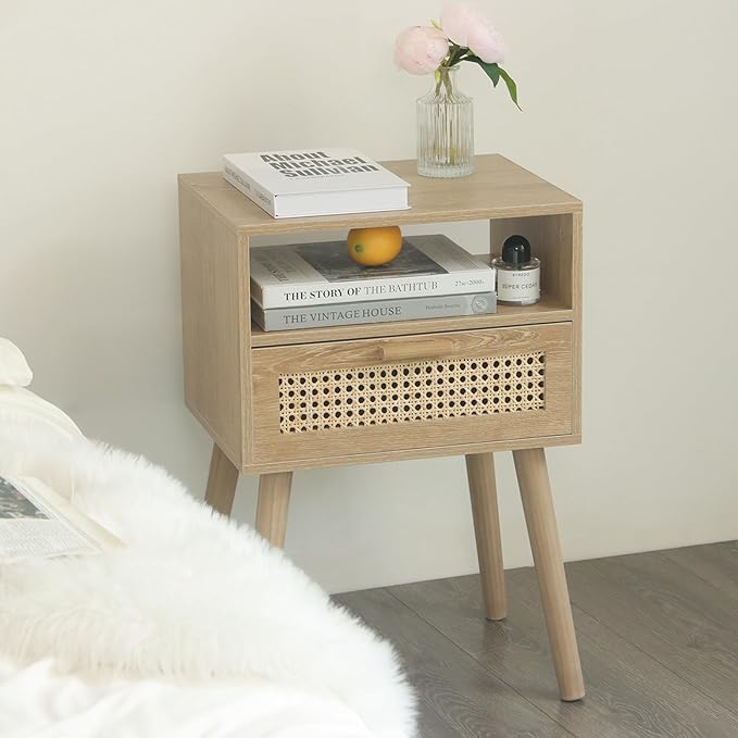 MaxSmeo Rattan Nightstand with Drawer, Mid Century Modern Wood Bedside Table for Living Room, Bedroom and Small Spaces (Rustic Walnut)