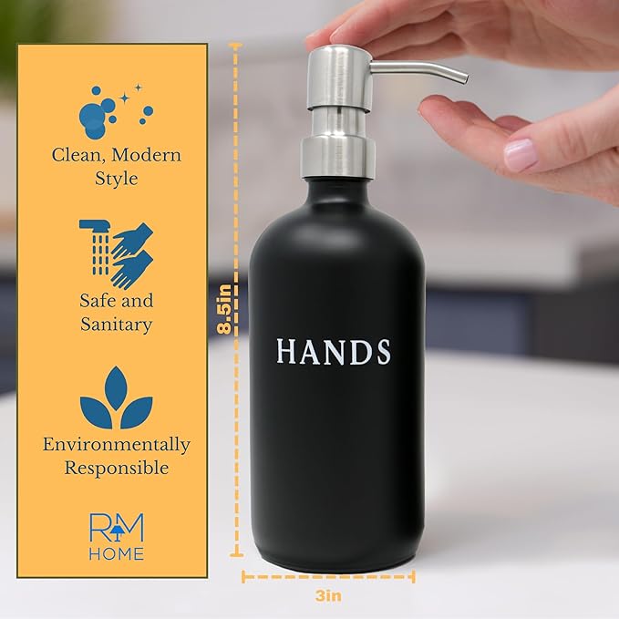 Black Glass Hand and Dish Soap Dispenser Set with Bamboo Tray – 16 oz Kitchen Soap Dispenser Set, Stainless Steel Pumps, Silicone Funnel – Modern Farmhouse Kitchen Sink Decor and Accessories