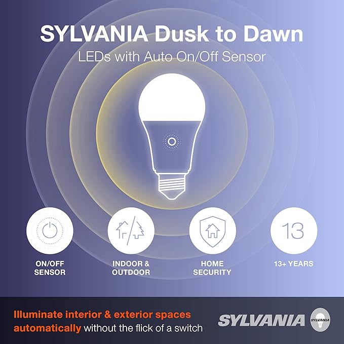 Sylvania Dusk to Dawn A21 LED Light Bulb with Auto On/Off Light Sensor, 100W=13W, 1500 Lumens, 5000K, Daylight - 1 Pack (41291)