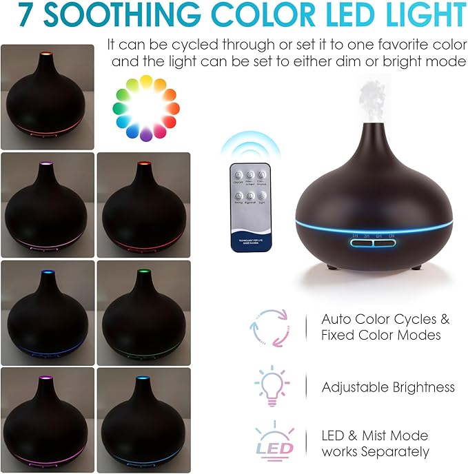 Rechargeable Diffuser for Essential Oils Large Room, 450ml Battery Operated Essential Oil Diffuser with Remote Control, Aromatherapy Oil Diffuser with Timer, 7 Colors Light humidifiers for Home&Office