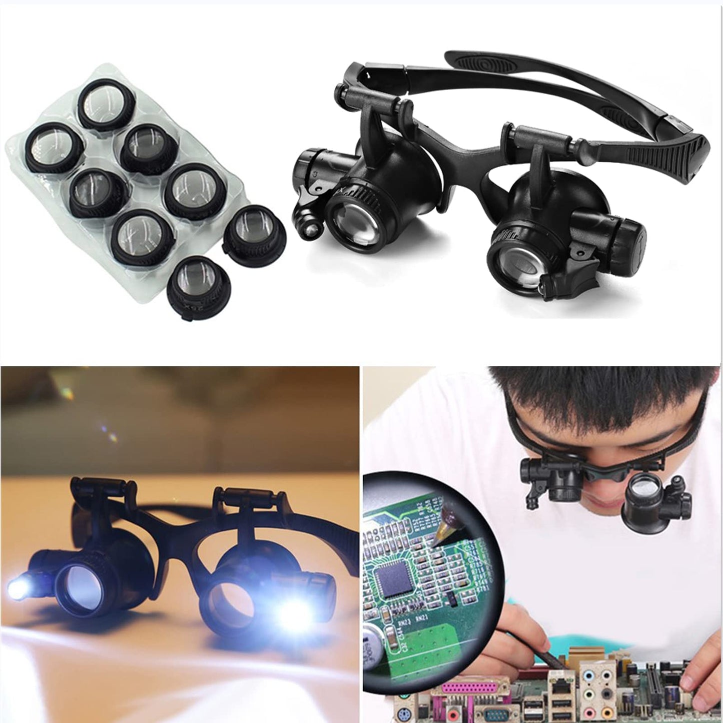 LXIANGN LED Head Mount Magnifier 10X 15X 20X 25X Hands-Free Magnifying Glass Headband Magnifier Visor with Light for Close Work,Jewelry,Craft,Watch,Hobby and Reading