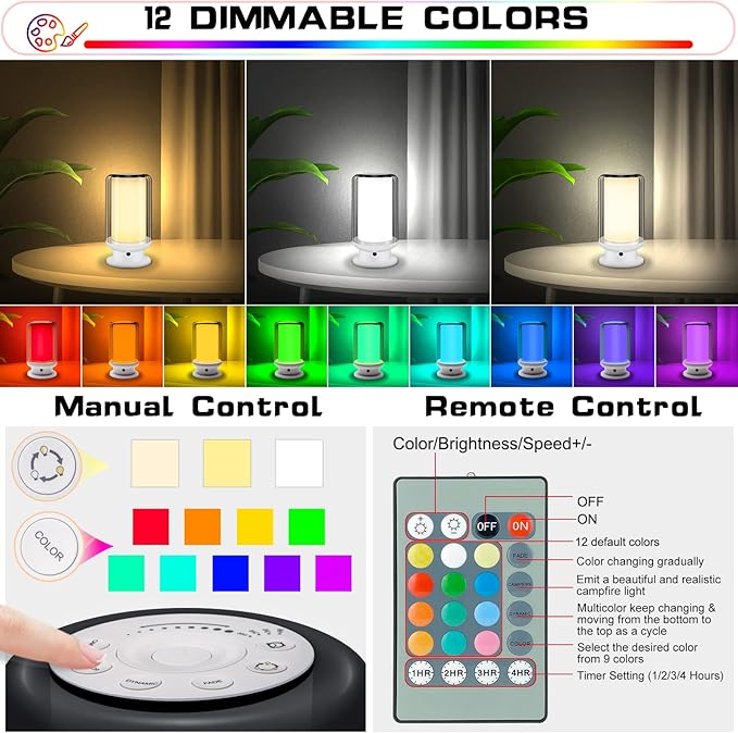 LED Color Changing Table Lamps, Dimmable Bedside Lamp with Remote, Plug in Desk Light Bedroom Lamp for Living Room-White