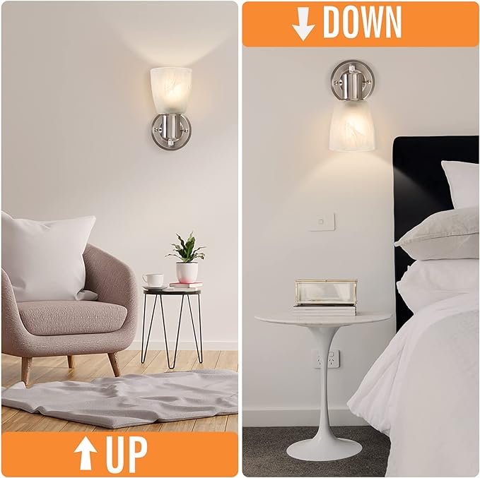 Wall Sconces Set of 2, Brushed Nickel Vanity Lights for Bathroom, Modern Wall Light Fixtures with Rotary Switch, Wall Mount Light with Frosted Glass, Farmhouse Lamp for Bedroom Living Room