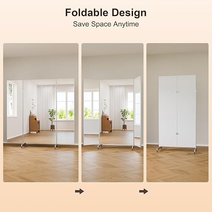 brisafe 67"x55" Folding Mirror with Wheels, 3-Panel Full Length Wall Mirror, Space-Saving Design, Shatterproof Nano Material, Portable Floor Mirror for Gym, Dance Studio, Home, Commercial Use, White