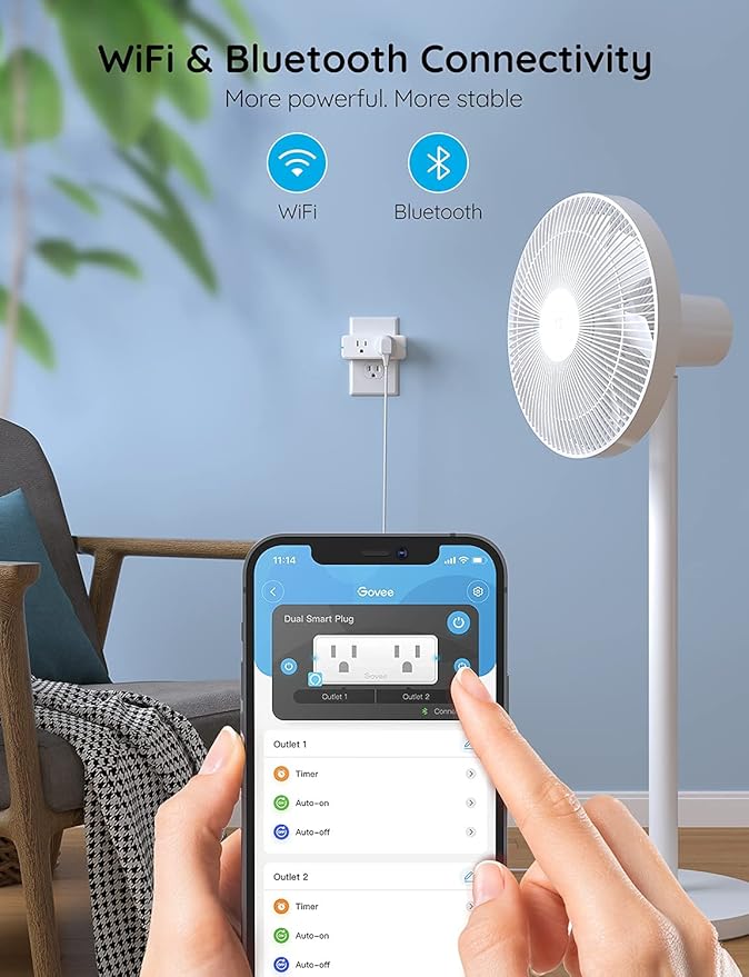 Govee Dual Smart Plug 2 Pack, 15A WiFi Bluetooth Outlet, Work with Alexa and Google Assistant, 2-in-1 Compact Design Bundle with Govee Smart Plug, WiFi Plugs Work with Alexa & Google Assistant