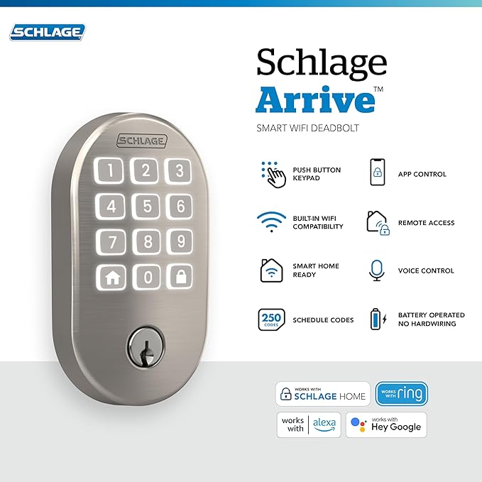Schlage Arrive WiFi Deadbolt Smart Lock, Keyless Entry Door Lock with Remsen Trim, Satin Nickel, Compatible with Alexa and Google, BE459WB RMN 619