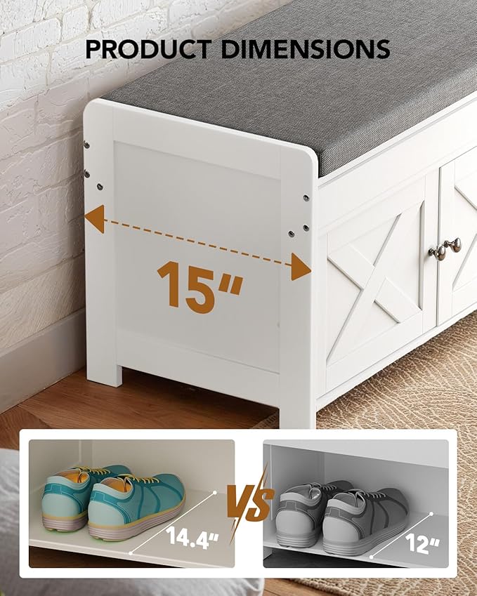 Amada Shoe Storage Bench, Entryway Bench with Cushioned Seat & Lift Top Storage, 3 Doors, Adjustable Shelf, 300 lbs Capacity, Bench with Shoe Rack for Entryway, Bedroom, Living Room, White
