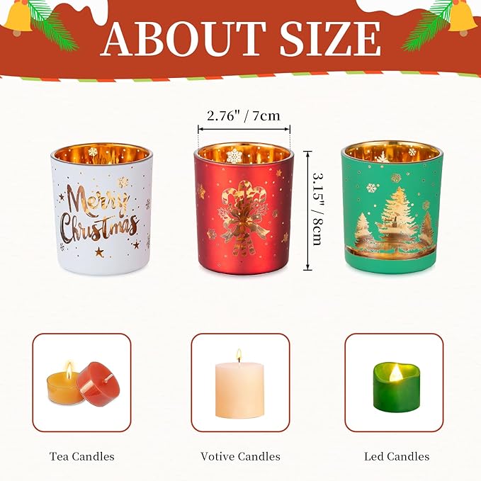 Glasseam Christmas Votive Candle Holders: Glass Tealight Candle Holder Set of 6 Tea Candle Holder for Jar Candles Red Green White Candle Holders for Table Centerpiece Home Xmas Party Decorations Gifts
