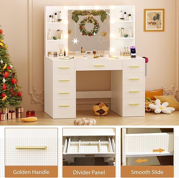Vanity Desk with Mirror and Lights, Large 43" Makeup Vanity Desk with 9 Drawers and Power Outlet, 3 Open Shelves, White and Gold