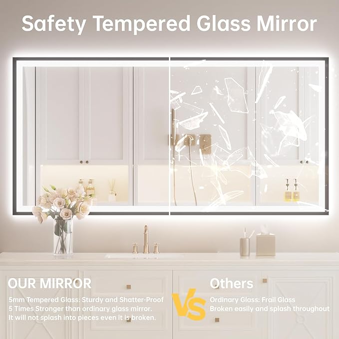 55x30 LED Bathroom Mirror with Lights, Black Aluminum Framed, Backlit + Front Lit, Lighted Bathroom Vanity Mirror for Wall, Anti-Fog, Memory Function, Dimmable, Shatterproof ETL Listed