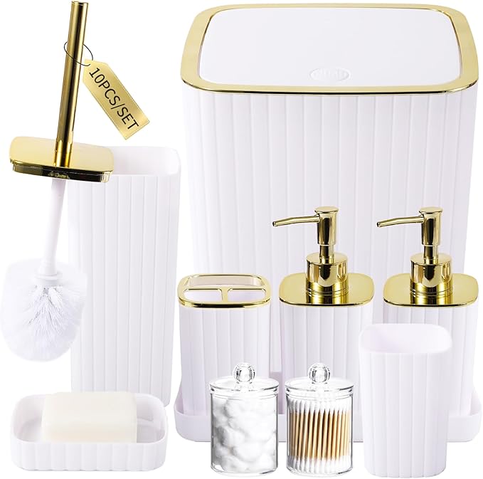 XLHOMO Bathroom Accessories Set - Gorgeous Bathroom Set, 10PC White Bathroom Accessory Set, Toilet Brush, Trash Can, Qtip Holder Dispenser & Soap Dispenser