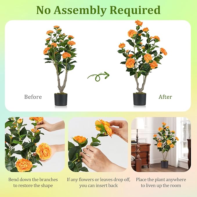 GOFLAME 3FT Artificial Camellia Tree, 2 Pack Faux Camellia Plant with Orange Flowers, Solid Wood Trunk, Realistic Moss, Greenery Potted Decoration Tree for Indoor Outdoor Home Porch Front Door