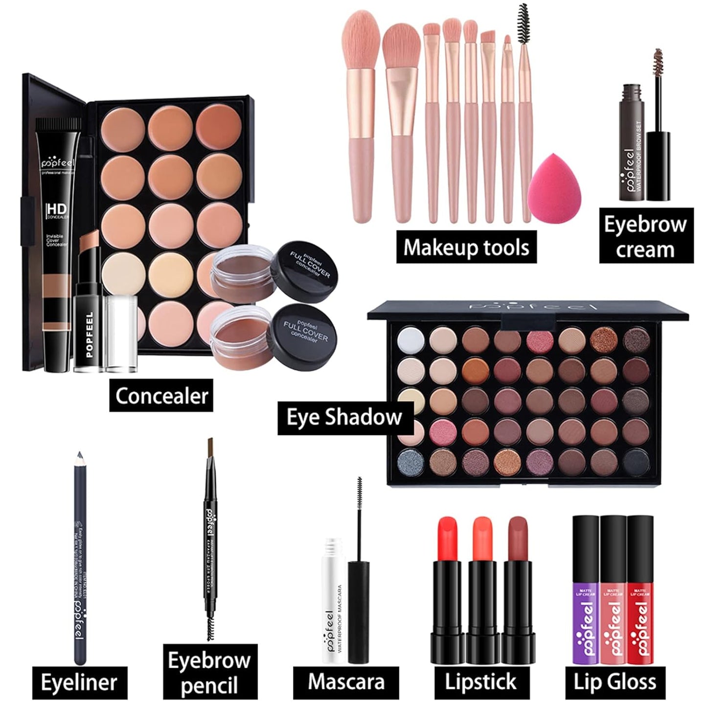 Makeup Kit For Women Full Kit, Naked Shimmer Eyeshadow Palette, Waterproof Black Eyeliner & Mascara, Makeup Tools Set, Lipstick, Premium Synthetic Foundation Powder for Medium to Dark Skin