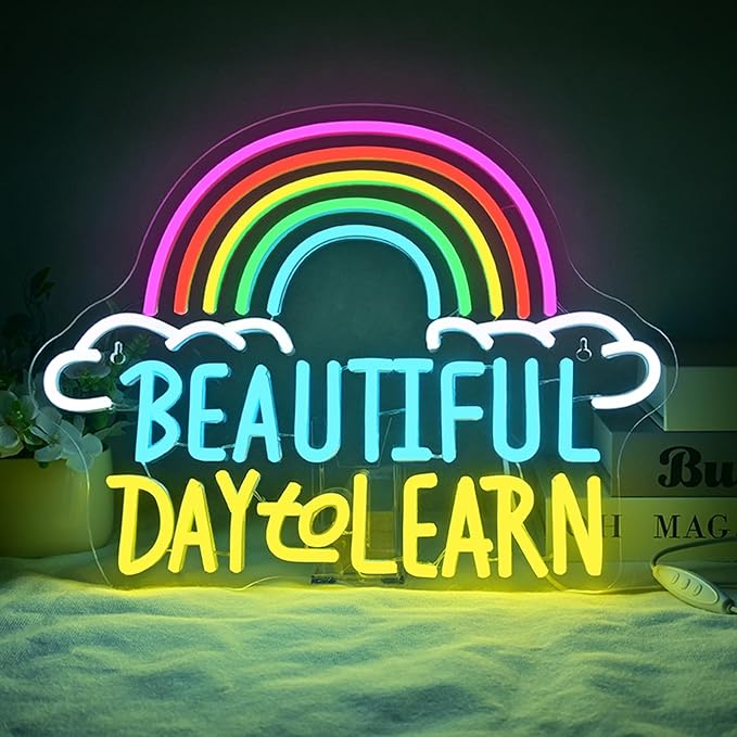Beautiful Day to Learn LED Neon Sign, 16.5"x12.6" USB Powered, Dimmable, 5V/2A, for Classroom, Study Cornor Home, Gift, Office, Bedroom, Lifelong Learner