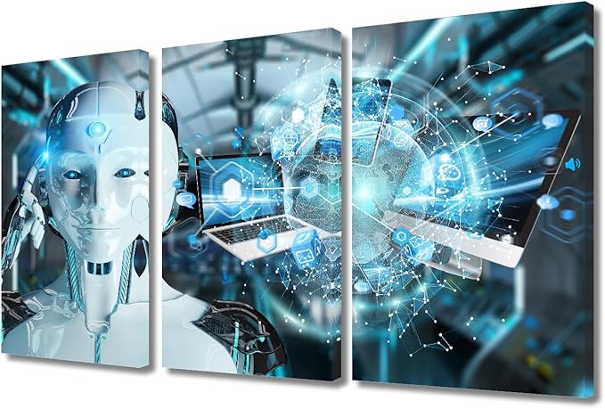 Data Analysis Pictures for Bedroom Wall Decor AI Intelligence Paintings Robot Painting Wall Art Print on Canvas Artwork Home Wall Decor 3 Pieces Posters and Prints Framed Ready to Hang, 36"Wx24"H