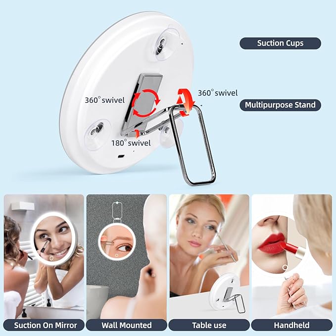 Magnifying Mirror with Light 30X, Large 6" Rechargeable 3 Colors Modes Dimming Lighted Makeup Mirror with 30X Magnification, LED Travel Magnified Mirror with 3 Suction Cups and 360° Table Stand