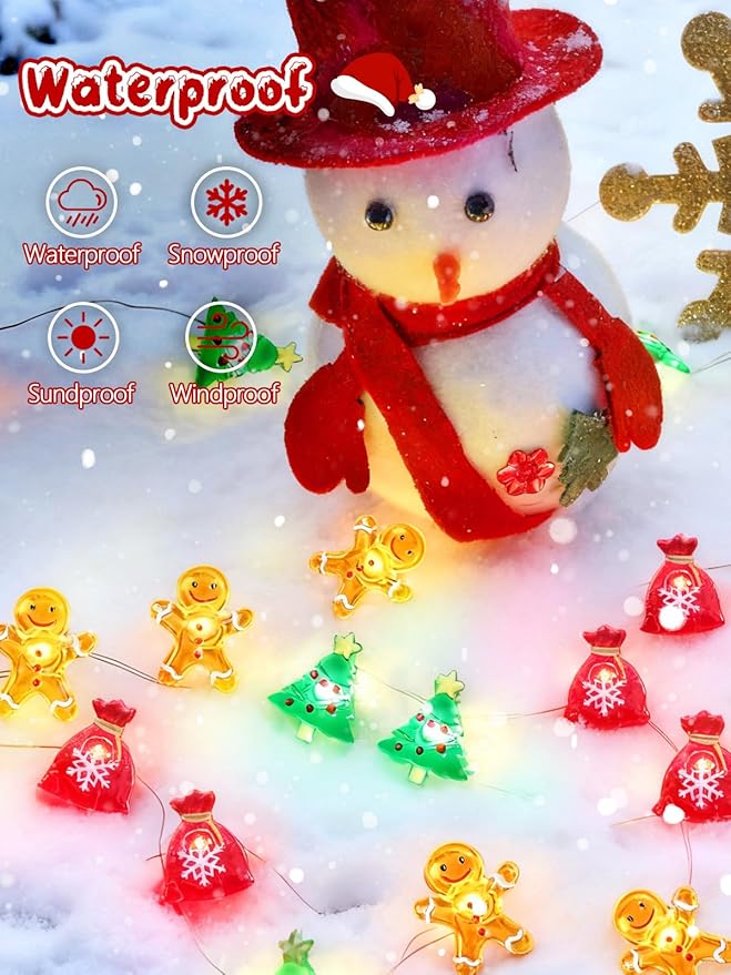 Christmas Fairy Lights Battery Operated with Remote, 10FT 30 LED Gingerbread Man Christmas Tree Lucky Bag String Lights with 8 Modes & Timer, Twinkle Lights for Outdoor Indoor Party Xmas Decorations