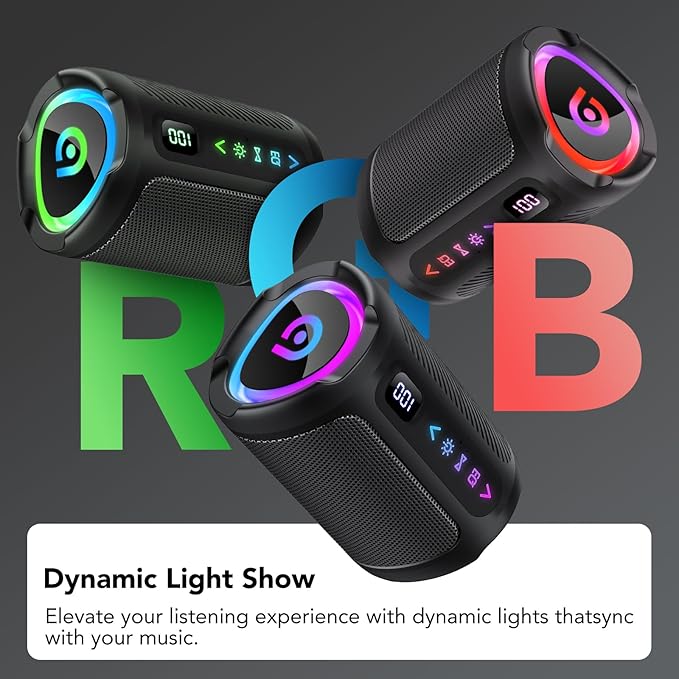 aowoka Bluetooth Speaker, 2026 Portable Wireless Speakers with Led Light, Bluetooth 5.4, 15H Playtime, Enhanced Bass, IPX7 Waterproof, Outdoor Speaker for Travel, Sport, Party, Biking.