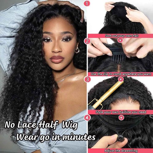 XSY Half Wig Human Hair Curly 16 Inch Deep Wave Half Wigs for Black Women 3 In 1 Drawstring Seamless Flip Wig Invisible Hairline Beginner Friendly 180% Density