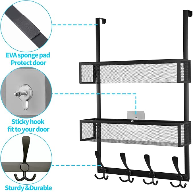 Over The Door Hooks Organizer,Coat Rack with 12 Hooks and 2 Mesh Baskets,Back of Door Storage Organizer for Bathroom,Bedroom,Kitchen,Office(Black)