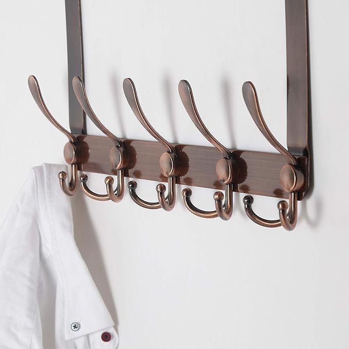 Dseap Over The Door Hook Hanger - Fits 1 3/8" to 1 3/4" Standard Doors | 5 Tri Hooks Heavy Duty Towel/Coat Rack | Door Organizer for Clothes, Jackets, Hats, Towels, Antique Copper