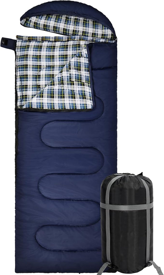 REDCAMP Flannel Sleeping Bag for Adults, Comfortable Cotton Sleeping Bags for Camping with Detachable Hood, Red/Grey/Blue