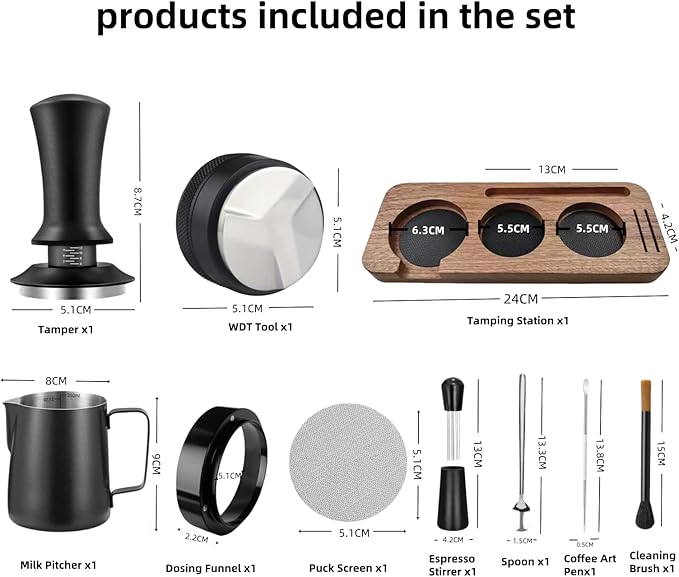 51mm Espresso Accessories 10 PCS - WDT Tool Kit， Coffee Tamper with Wood Espresso Tamping Station， Frothing Pitcher, Distributor, Stirrer, Dosing Funnel, Brush, Puck Screen， Latte Art Pen
